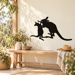 Playful kangaroos wall decal, black silhouette of two hopping kangaroos
