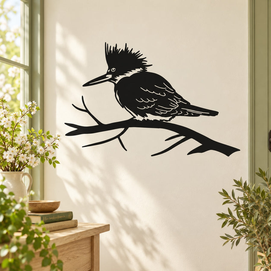 Perched kingfisher bird wall decal in black and white, sitting on a branch