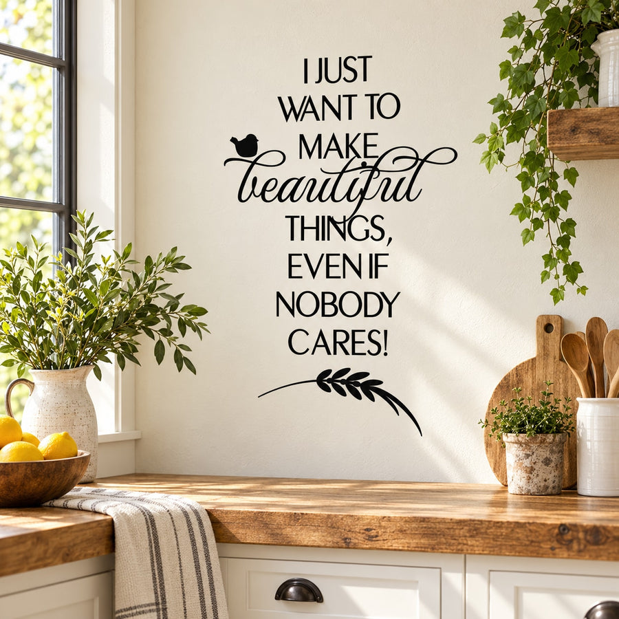 Inspirational wall decal quote with butterfly, black lettering on light background