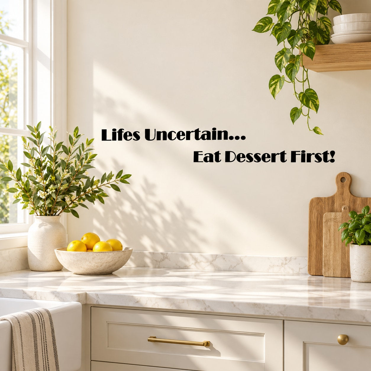 Wall decal with “Lifes Uncertain…” and “Eat Dessert First!” text