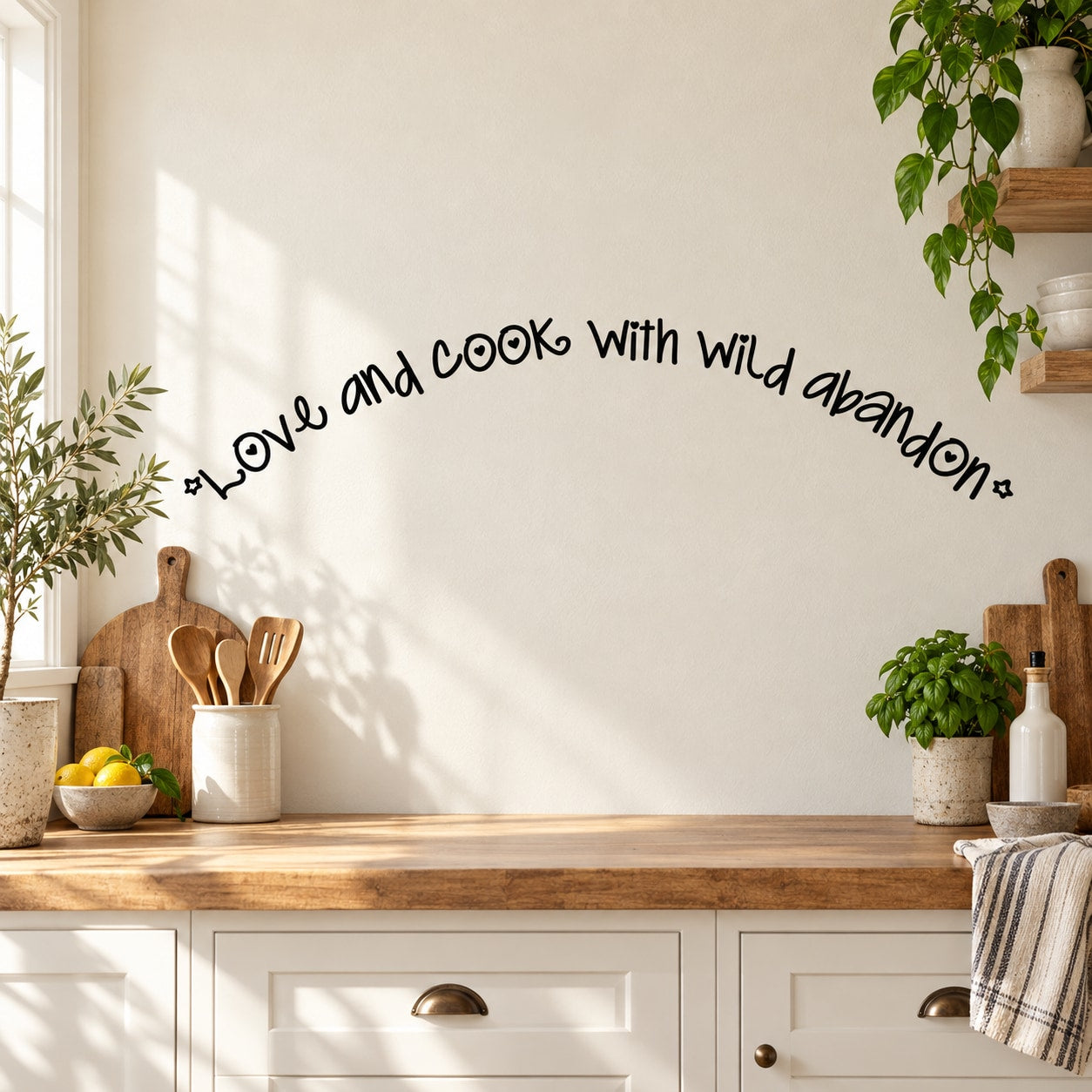 Wall decal with cursive text: "Love and cook With wild abandon!"