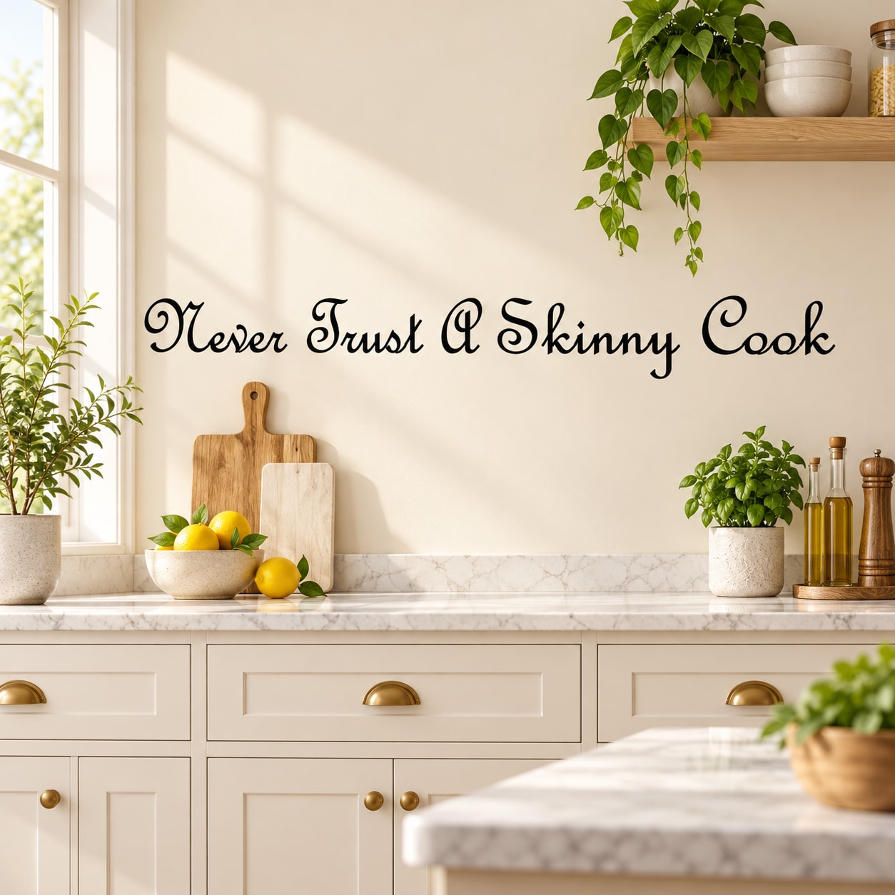 Never Trust a Skinny Cook wall decal lettering in black on a light wall