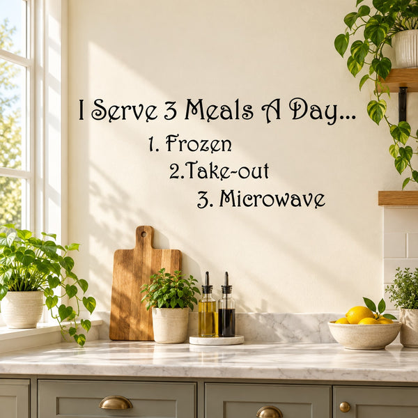 Wall decal text: I Serve 3 Meals A Day—Frozen, Take-out, Microwave