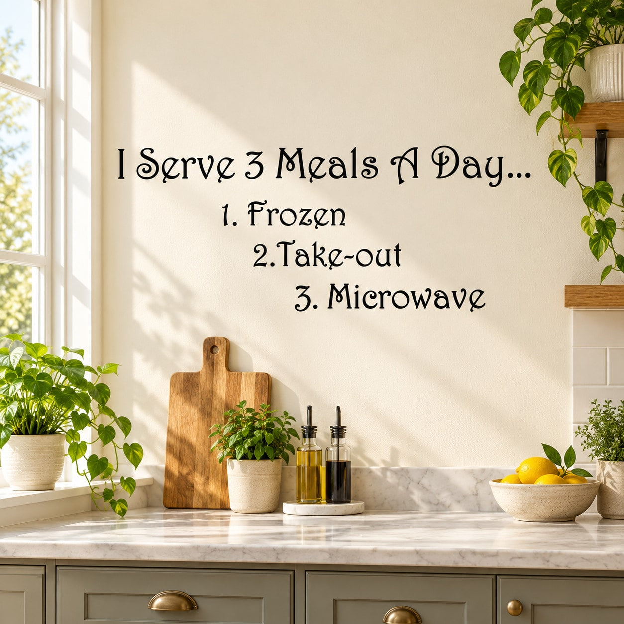 Wall decal text: I Serve 3 Meals A Day—Frozen, Take-out, Microwave