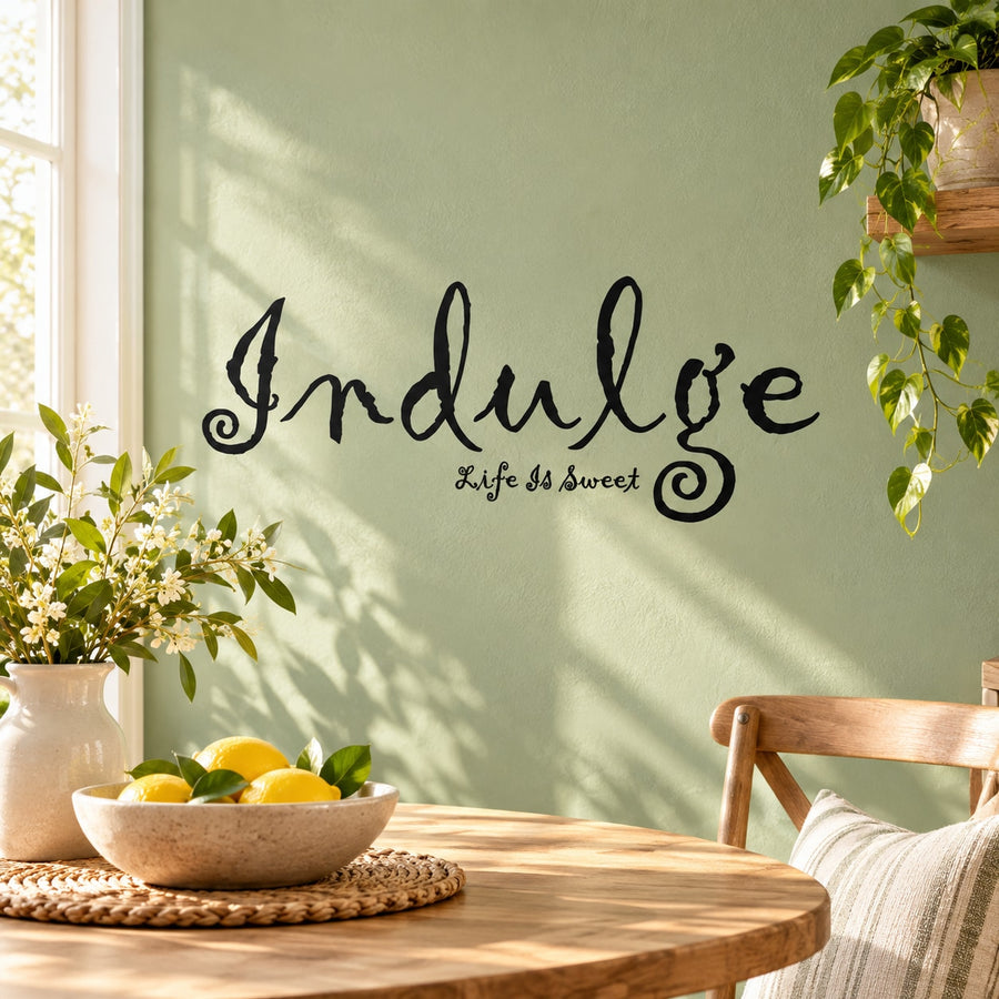 Wall decal with "Indulge" and "Life is Sweet" decorative script lettering