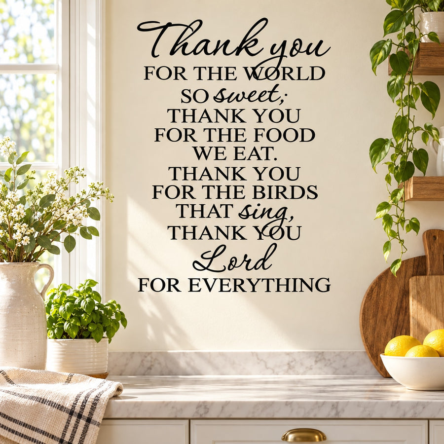 Wall decal with handwritten “Thank you” quote lettering for the world, food, birds, Lord, and everything