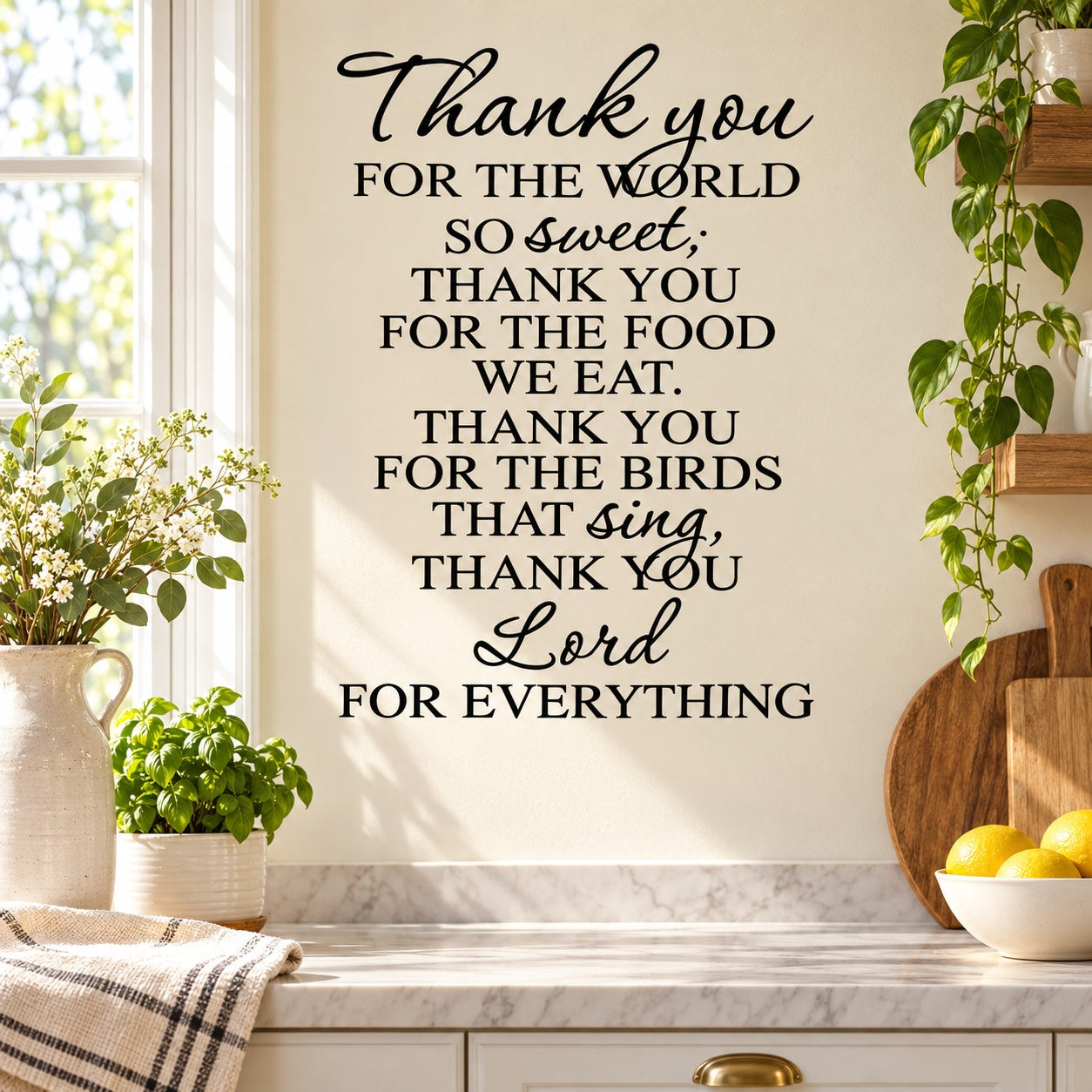 Wall decal with handwritten “Thank you” quote lettering for the world, food, birds, Lord, and everything