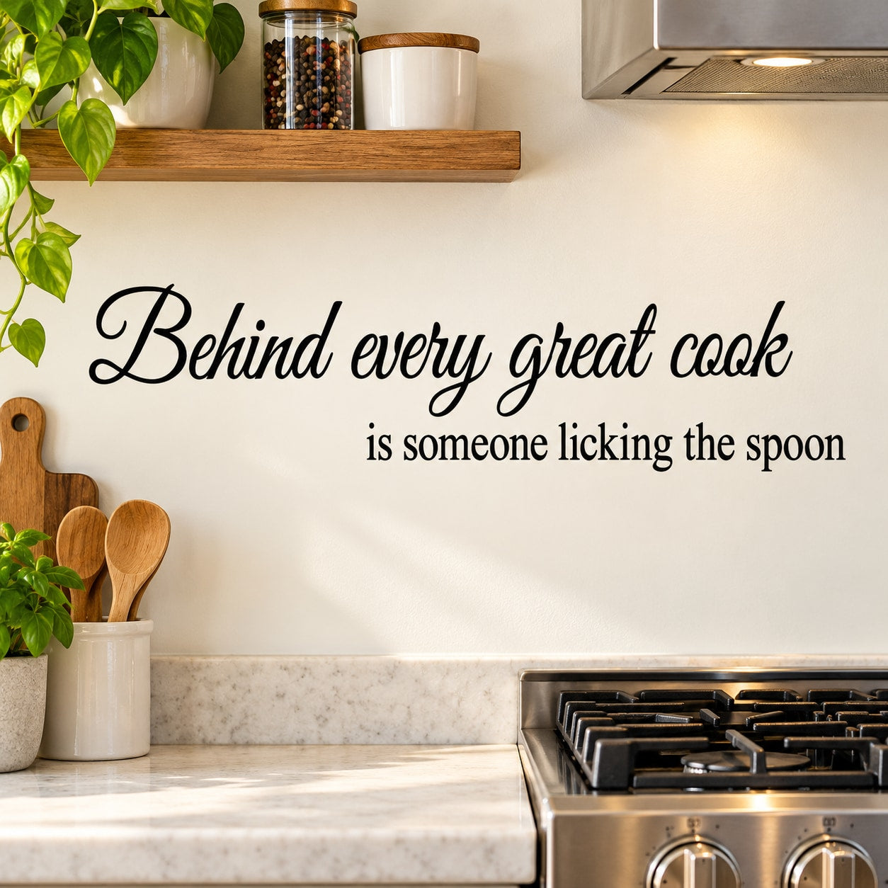 Wall decal with cursive quote: Behind every great cook is licking the spoon