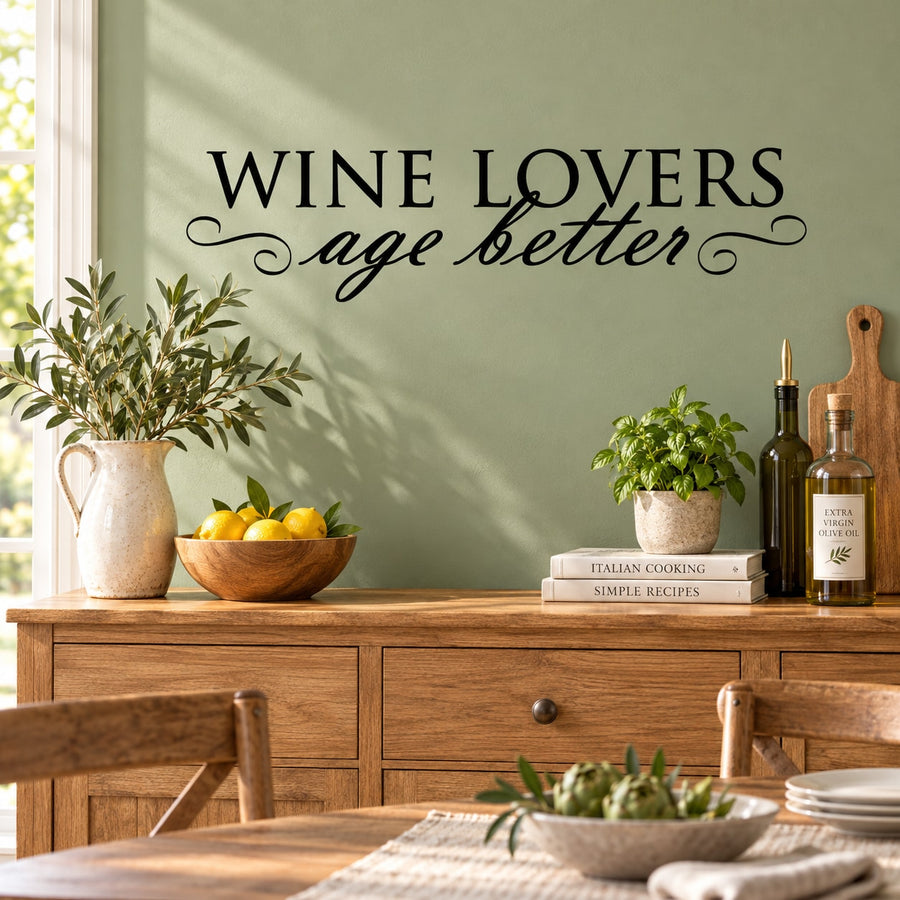 Wine lovers wall decal: WINE LOVERS and age better in black script