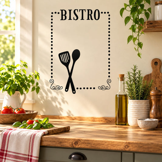 Bistro wall decal with dotted frame, utensils icon, and decorative swirls