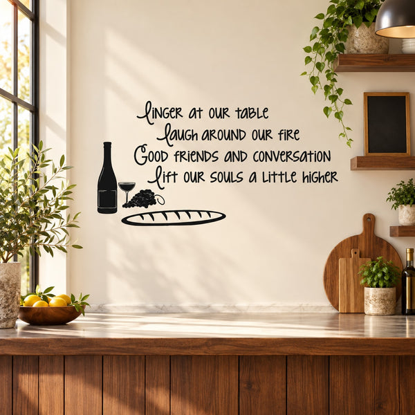 Wall decal with quote lettering and bottle, campfire, and plate icons