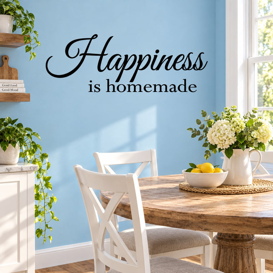 Black script wall decal reading 'Happiness is homemade'.