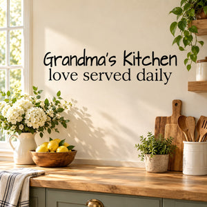 Kitchen wall decal with “Grandma’s Kitchen” and “love served daily” text