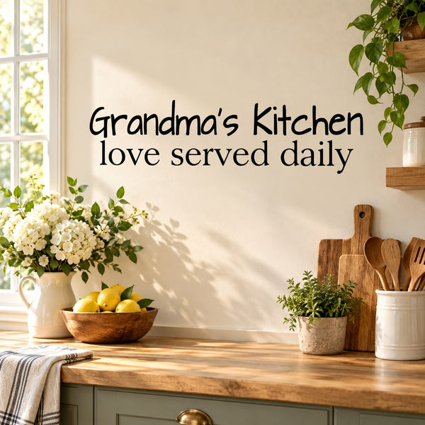 Kitchen wall decal with “Grandma’s Kitchen” and “love served daily” text