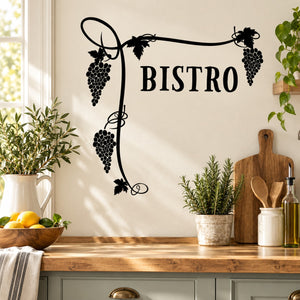 Vinyl wall decal: black bistro sign with grape bunches