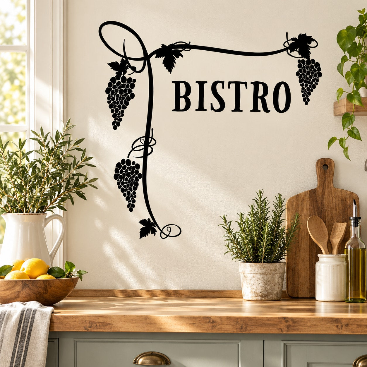 Vinyl wall decal: black bistro sign with grape bunches