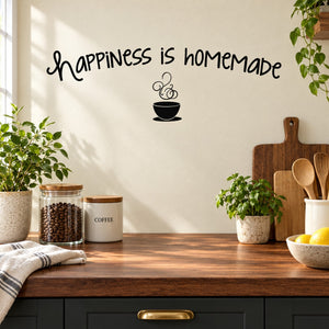 Coffee wall decal with black 'Happiness is homemade' script and steaming cup icon