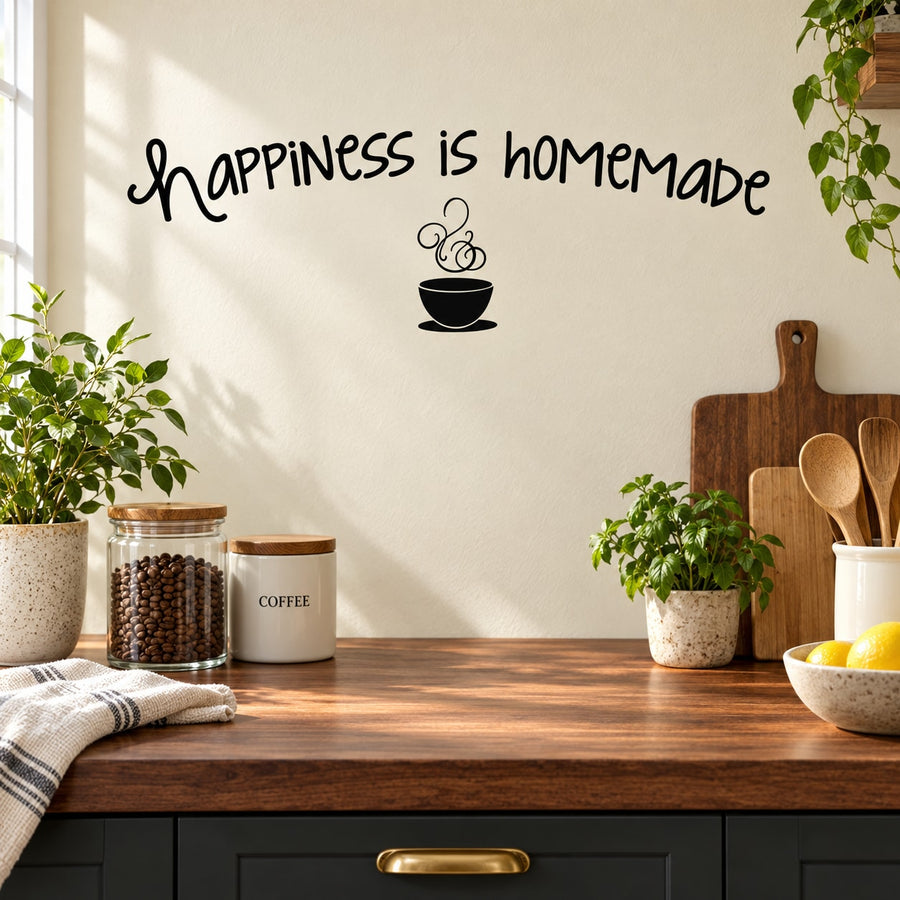 Coffee wall decal with black 'Happiness is homemade' script and steaming cup icon