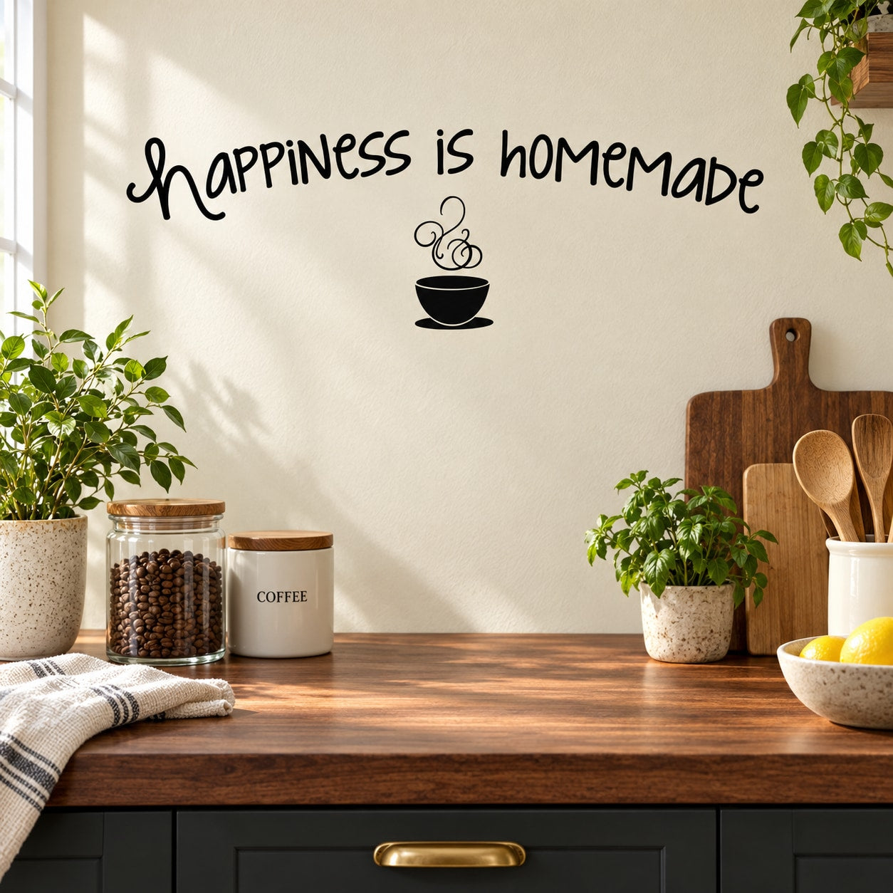 Coffee wall decal with black 'Happiness is homemade' script and steaming cup icon