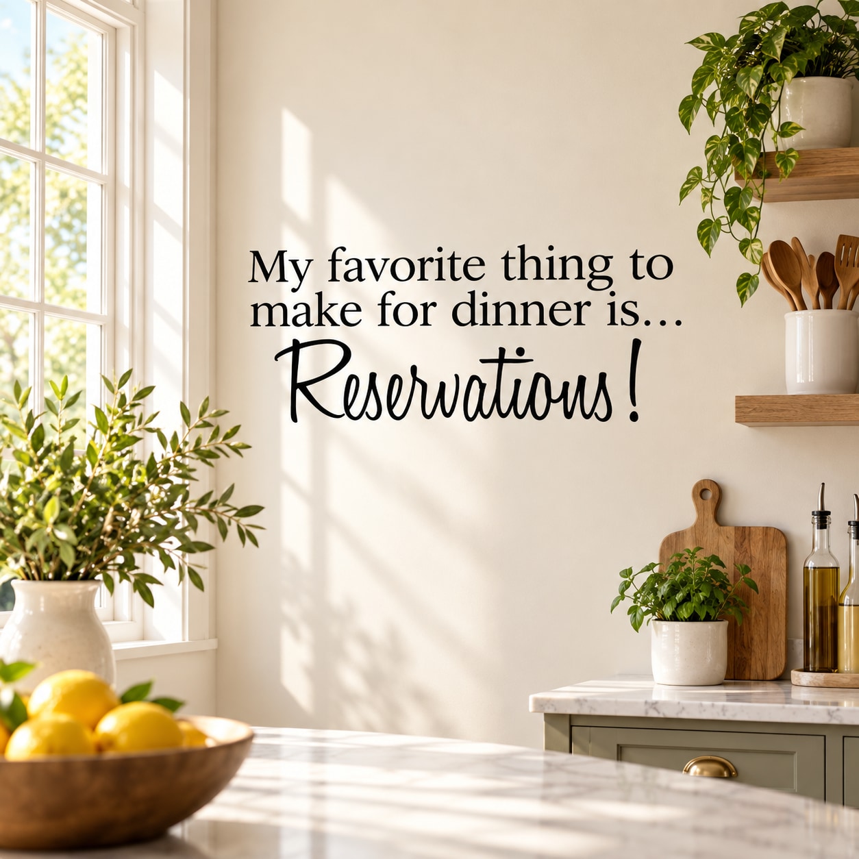 Inspirational wall decal quote: “My favorite thing to make for dinner is... Reservations!”
