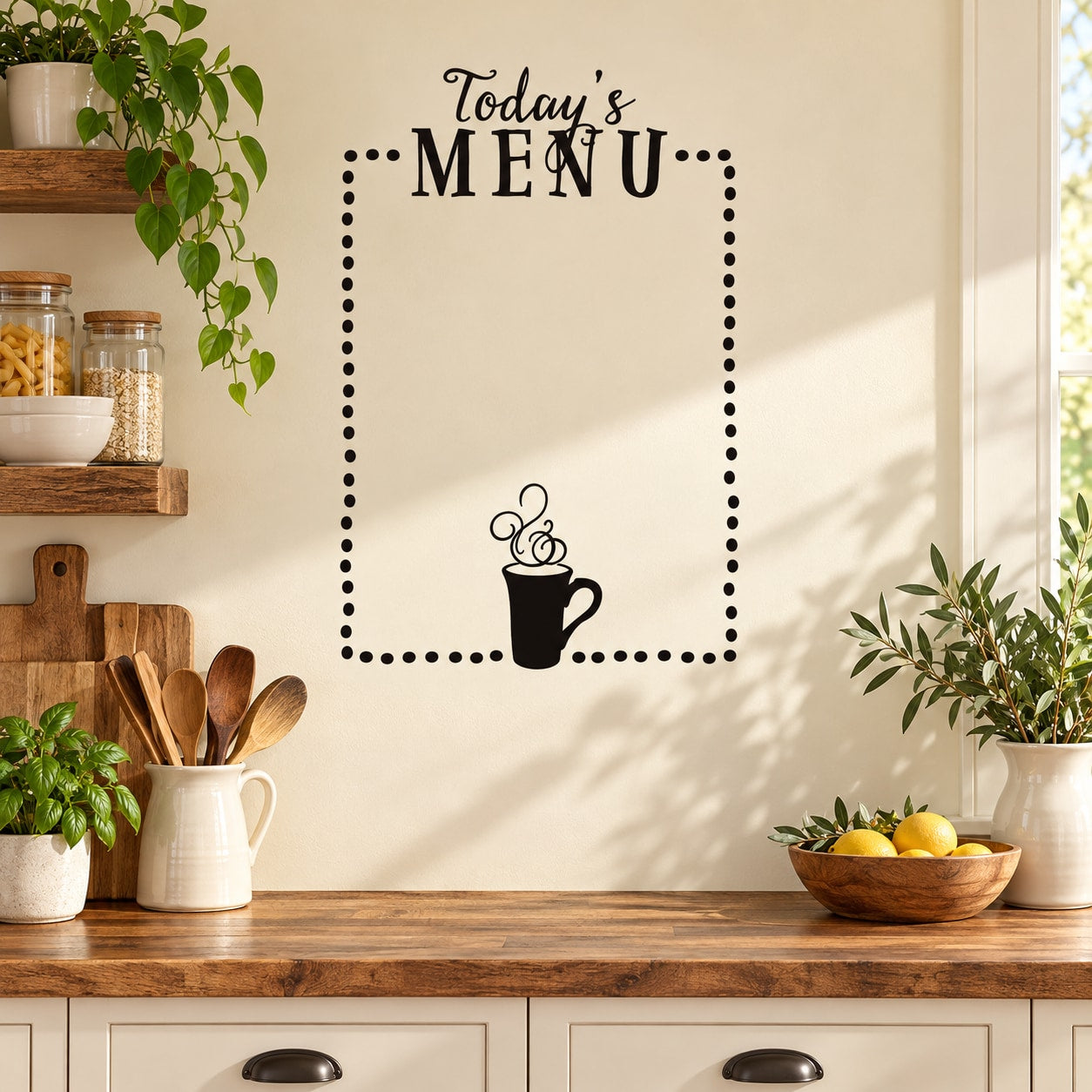 Today's Menu wall decal with dotted square border and coffee cup icon