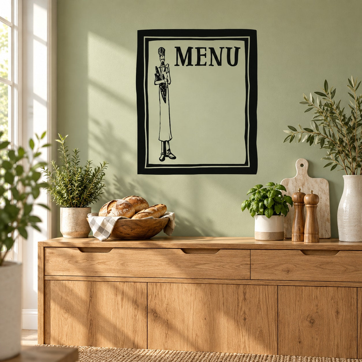 Black square menu wall decal with chef illustration and 'MENU' lettering