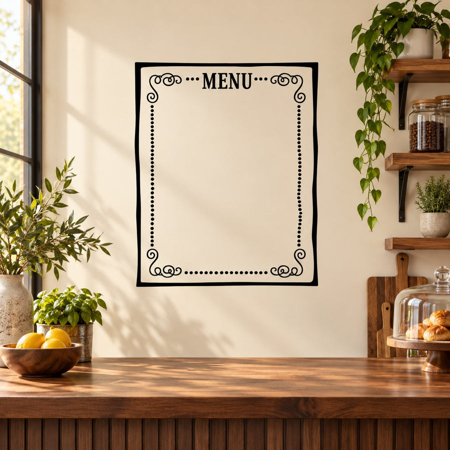 Black rectangular menu wall decal with "MENU" in ornate border and dotted corners
