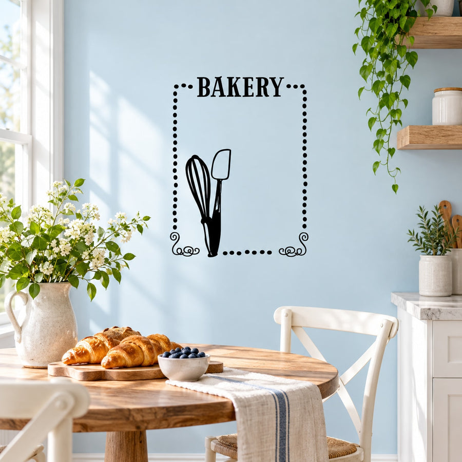 Bakery wall decal with dotted rectangular frame, “BAKERY” text, and kitchen utensil icon