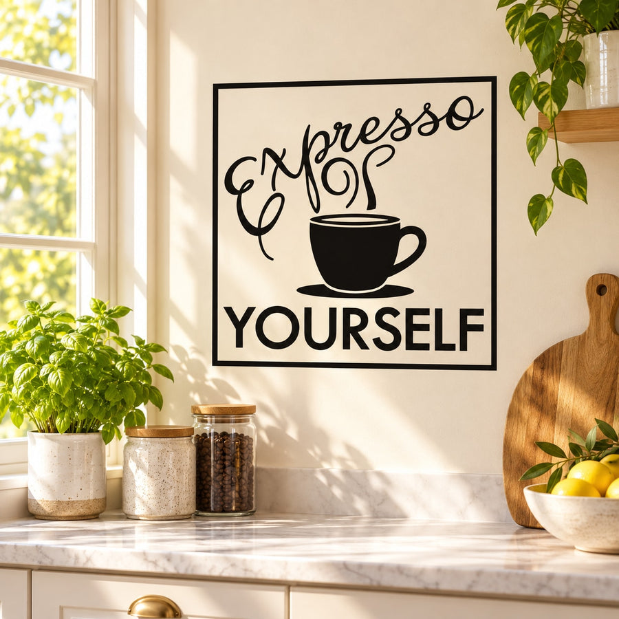 Coffee wall decal: expresso yourself with cup graphic