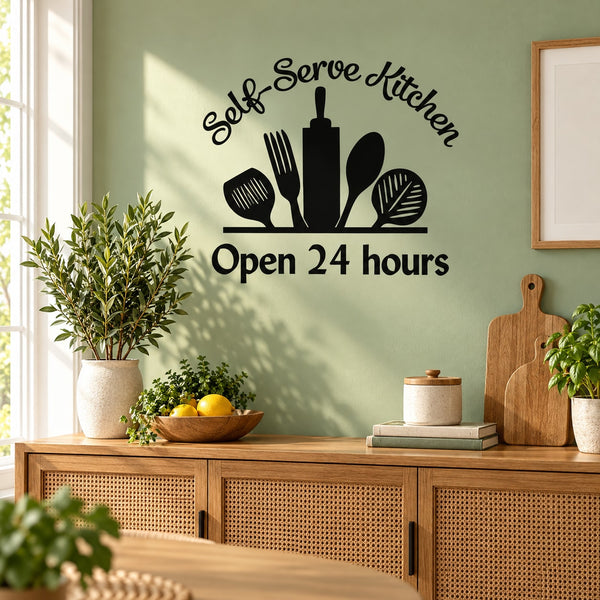 Kitchen open 24 hours decal with Self-Serve Kitchen text and black utensil icons