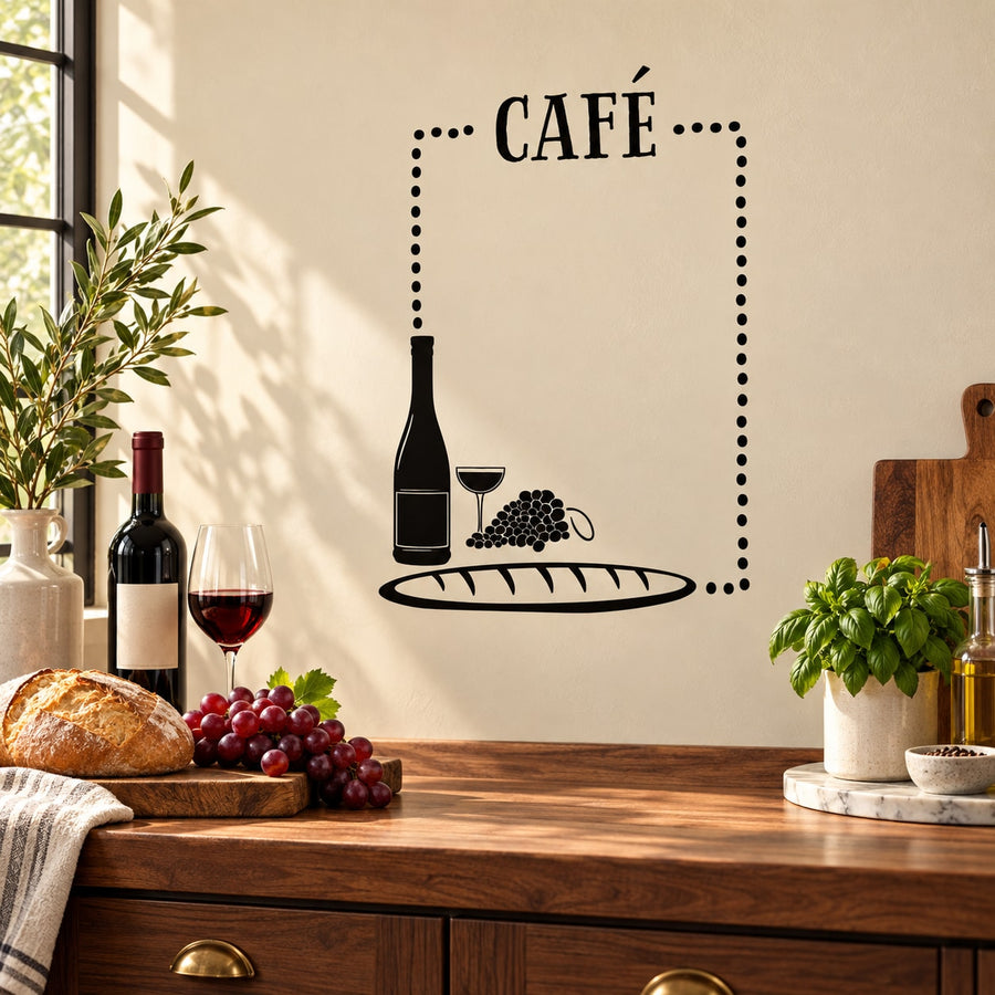 Cafe wall decal with dotted frame, 'CAFE' lettering, wine bottle, glass, grapes and bread