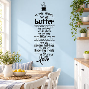 Kitchen wall decal with black lettering, butter word, and coffee pot