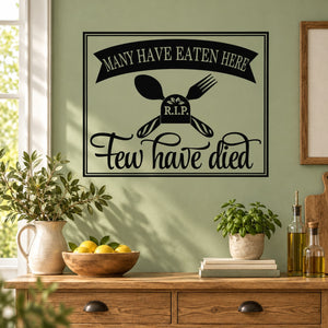 Rectangular wall decal: skull with fork and knife, R.I.P., “Many have eaten here” and “Few have died”