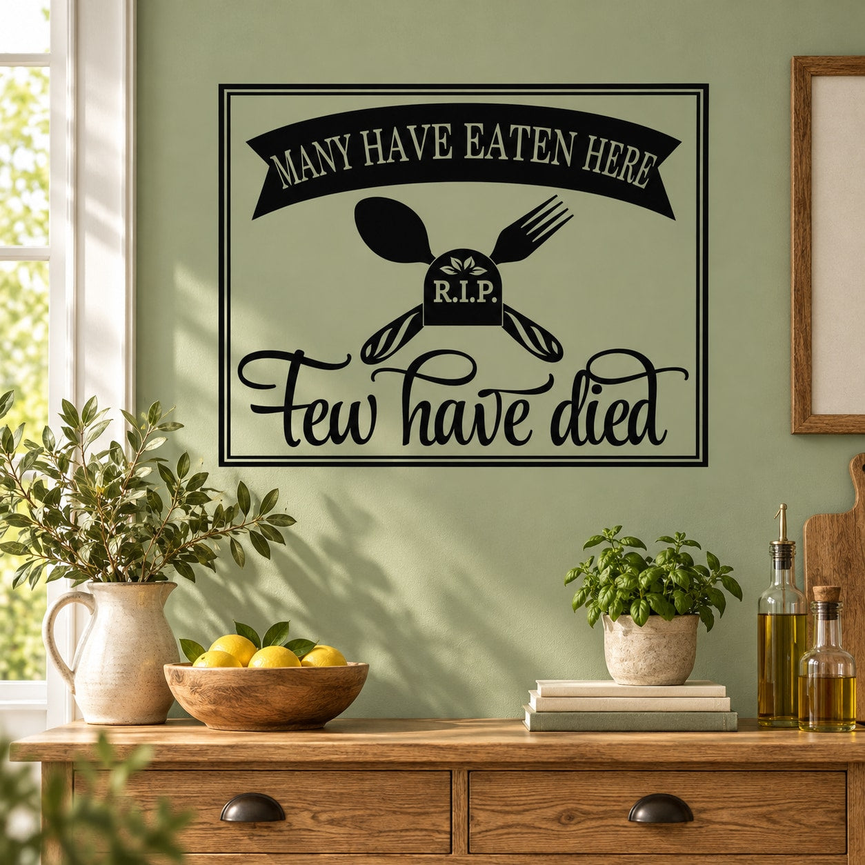 Rectangular wall decal: skull with fork and knife, R.I.P., “Many have eaten here” and “Few have died”