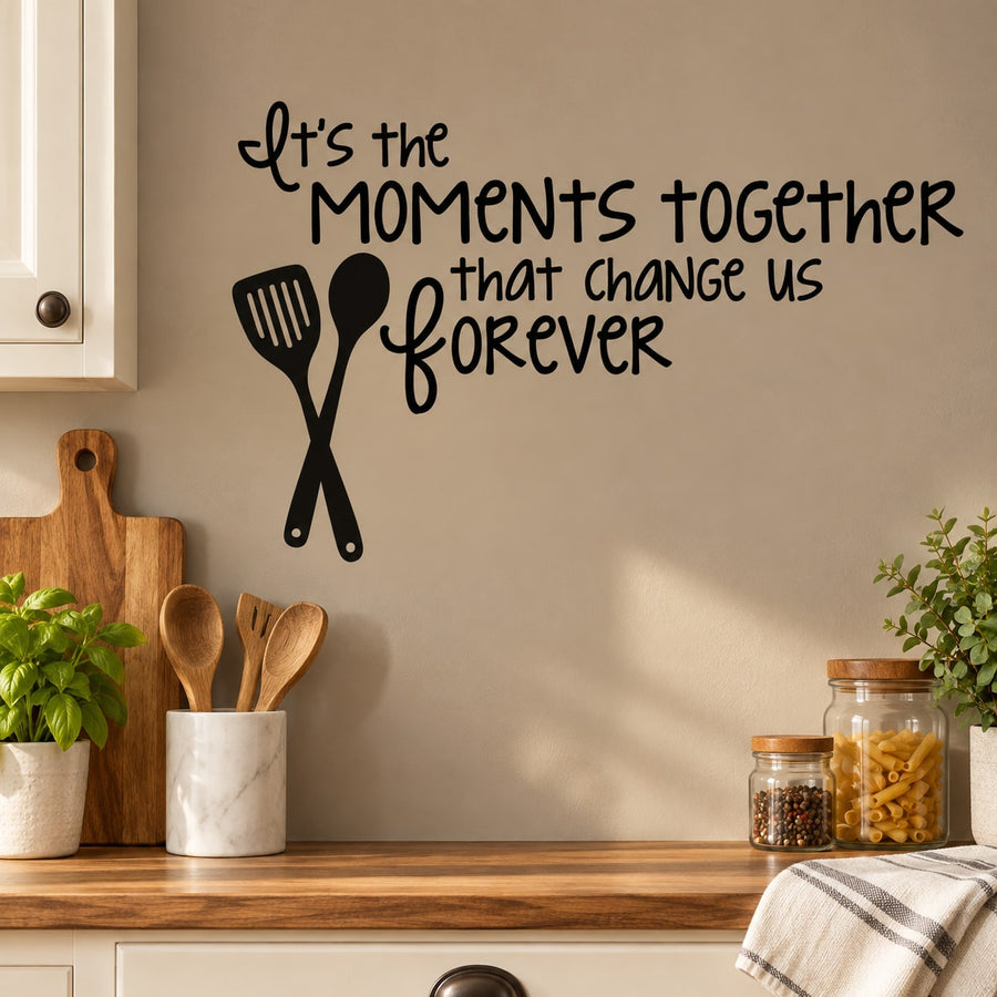 Kitchen quote wall decal with fork and spoon icon and message 'Moments together forever'