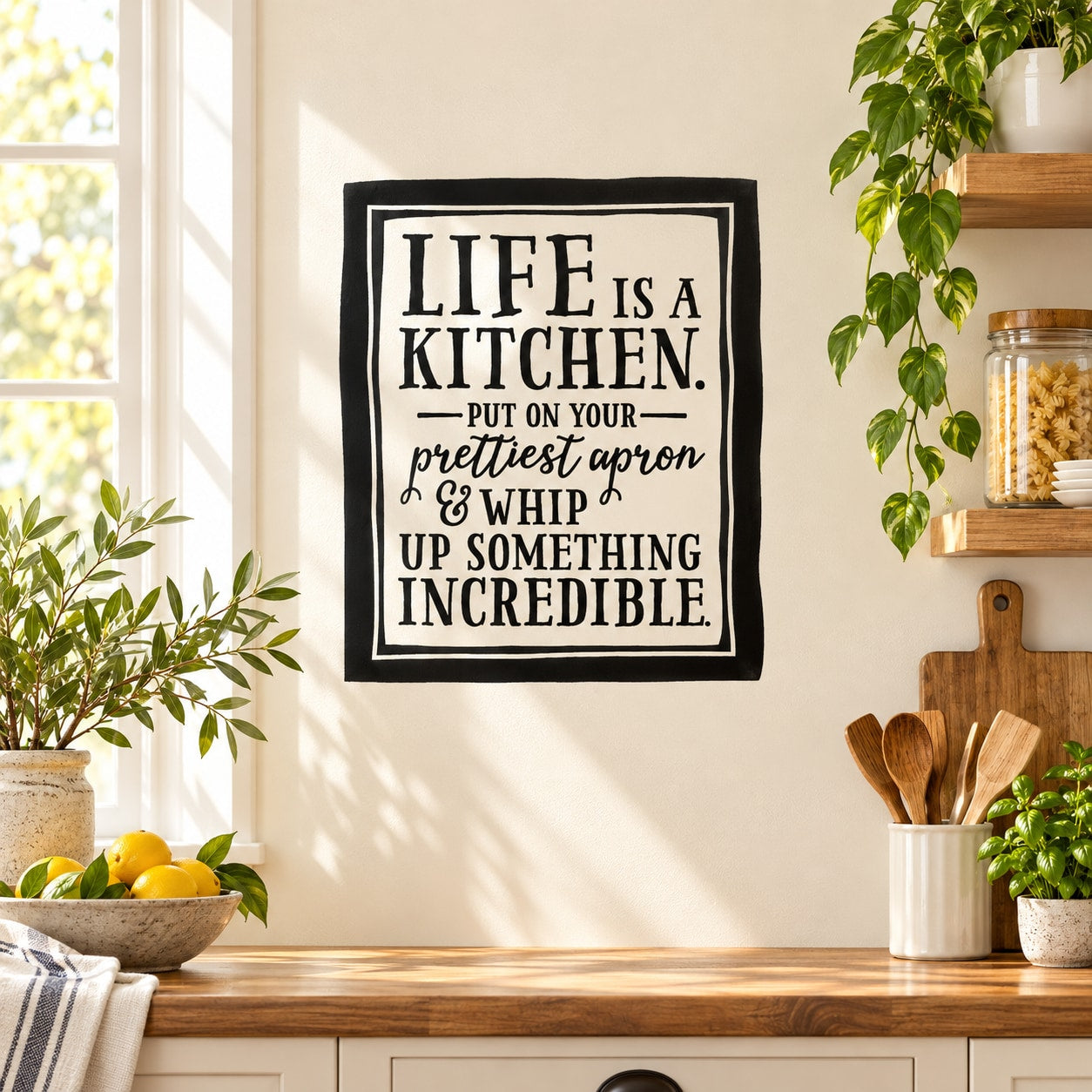 Square wall decal with black border and text: "LIFE IS A KITCHEN"