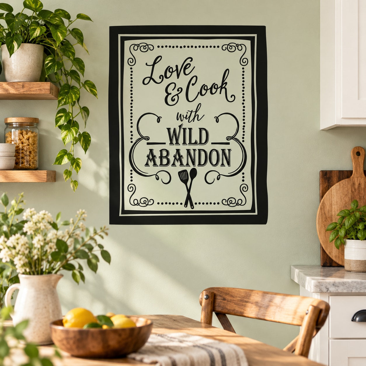 Kitchen wall decal with "Love & Cook with Wild Abandon" in decorative black frame