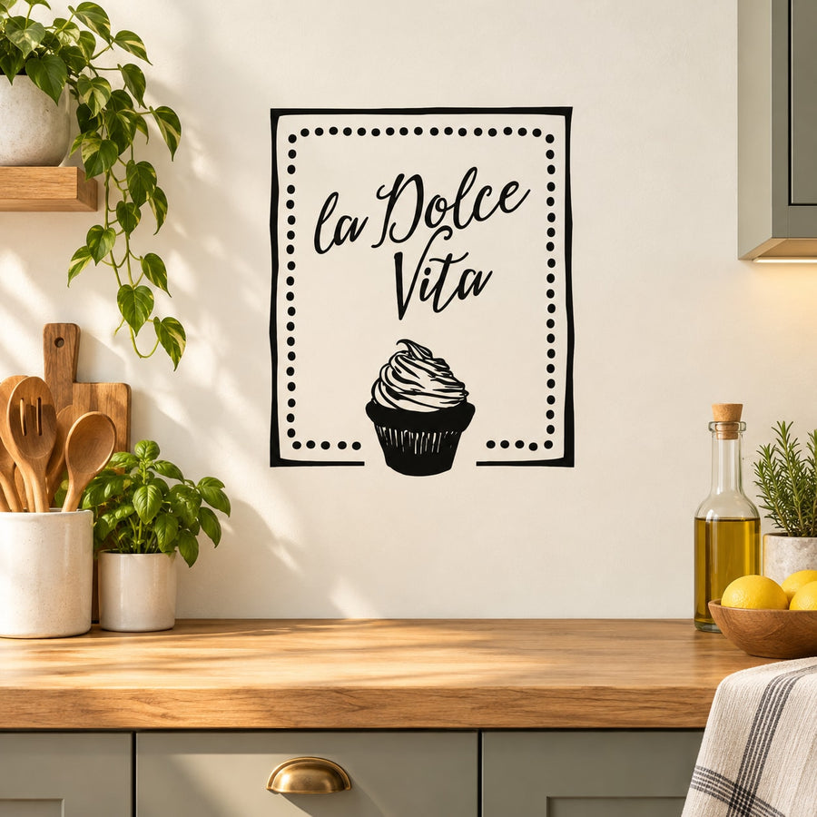 La Dolce Vita cupcake wall decal, black text with cupcake icon inside dotted square border