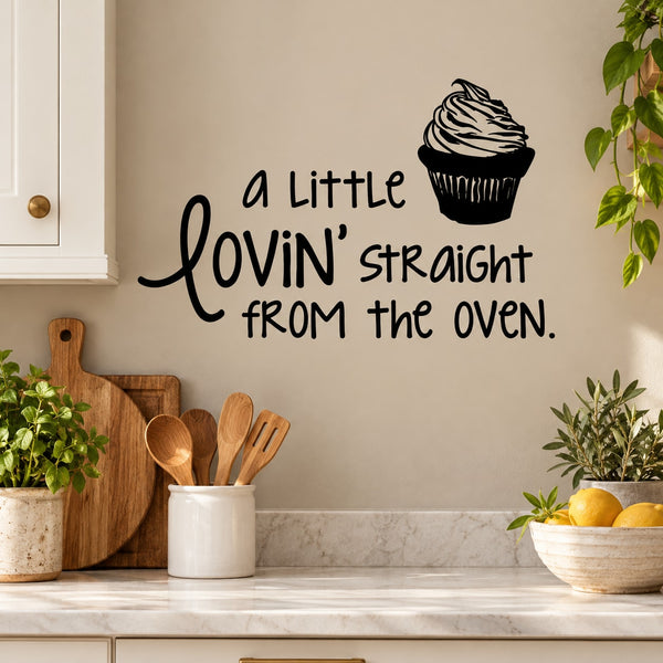 Cupcake wall decal with script text “Lovin’ Straight From the Oven” and cupcake icon