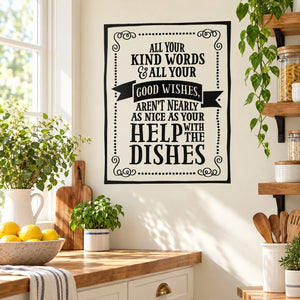 Kitchen wall decal with black quote in ornate border: kind words aren’t nearly as nice
