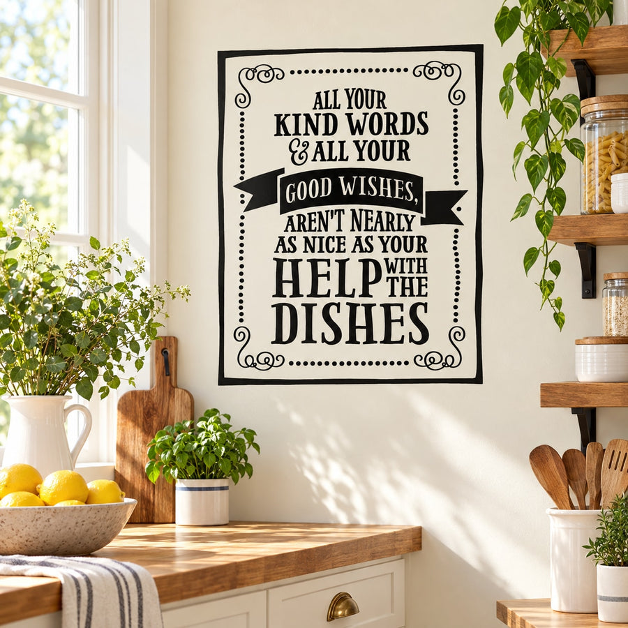 Kitchen wall decal with black quote in ornate border: kind words aren’t nearly as nice