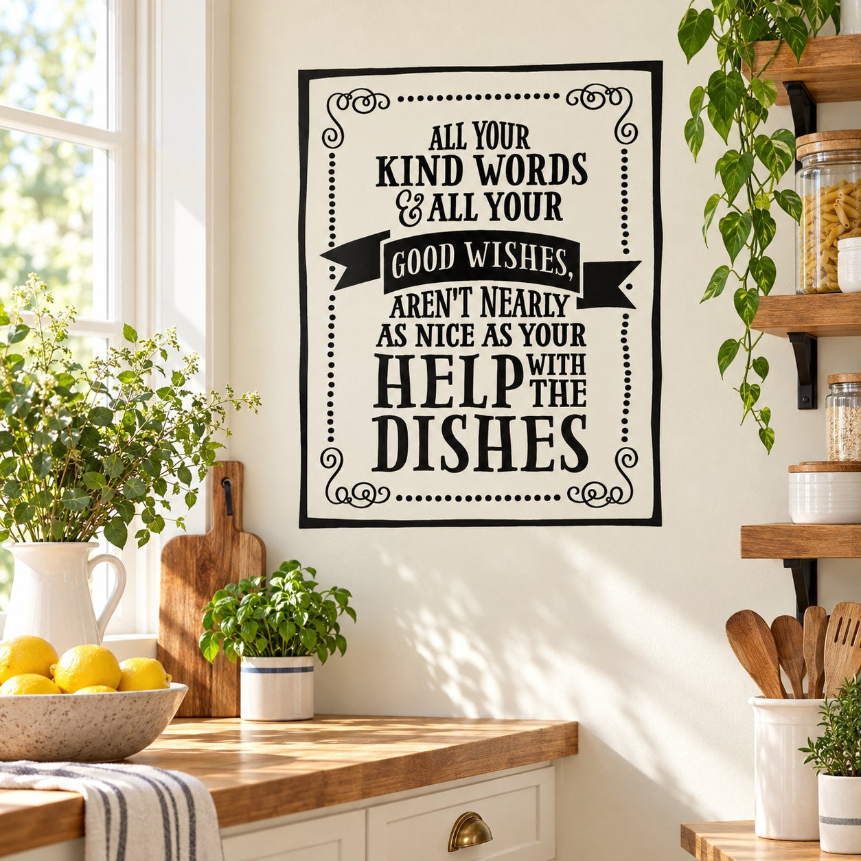 Kitchen wall decal with black quote in ornate border: kind words aren’t nearly as nice