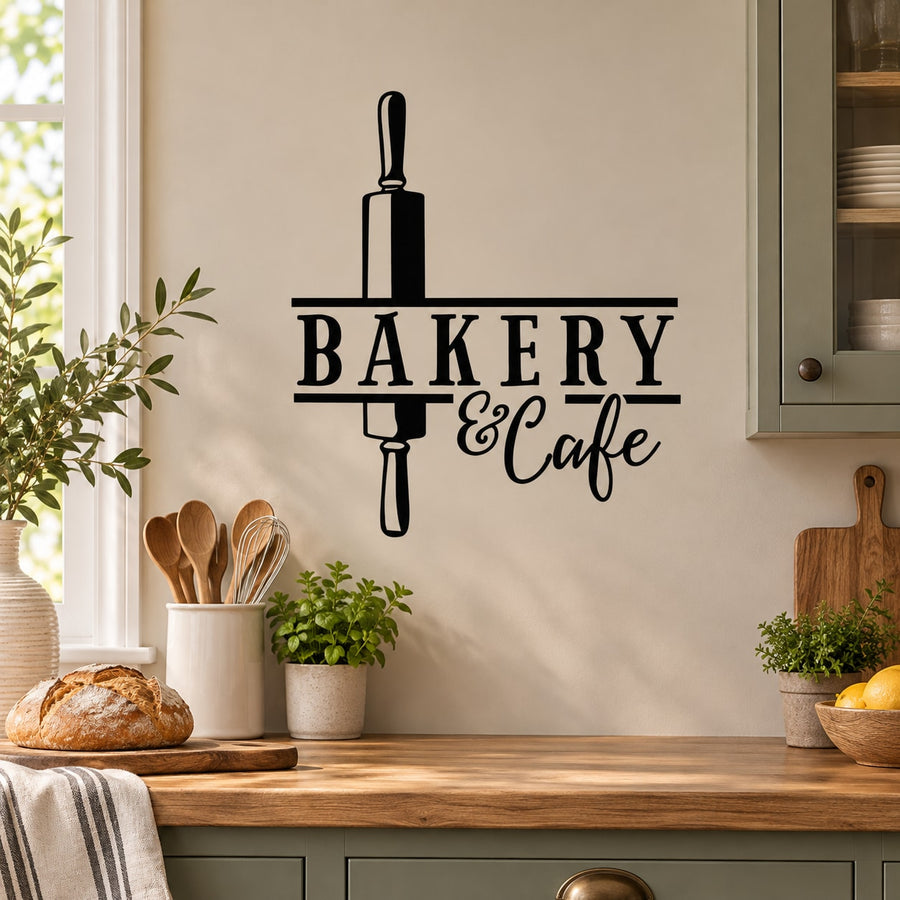 Black bakery and cafe wall decal with rolling pin and fork graphics