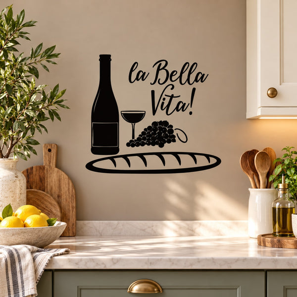 Black wine bottle wall decal with glass, grapes, and La Bella Vita!