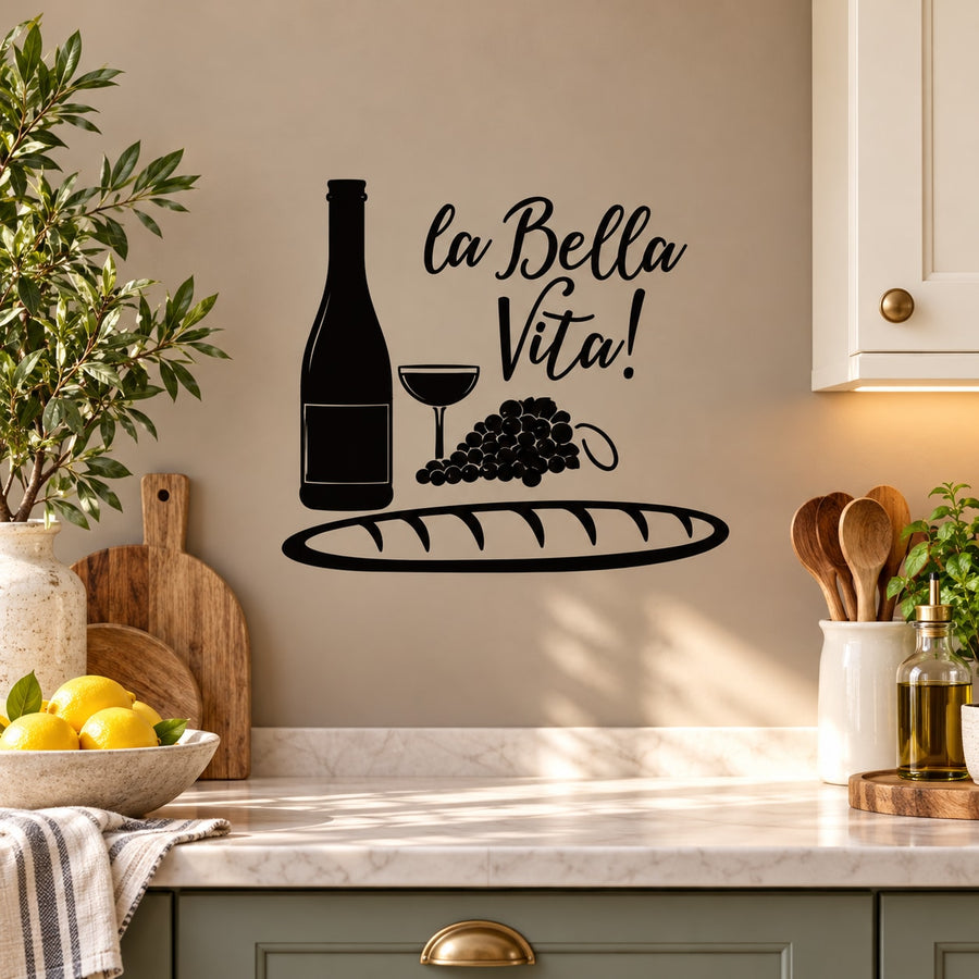 Black wine bottle wall decal with glass, grapes, and La Bella Vita!