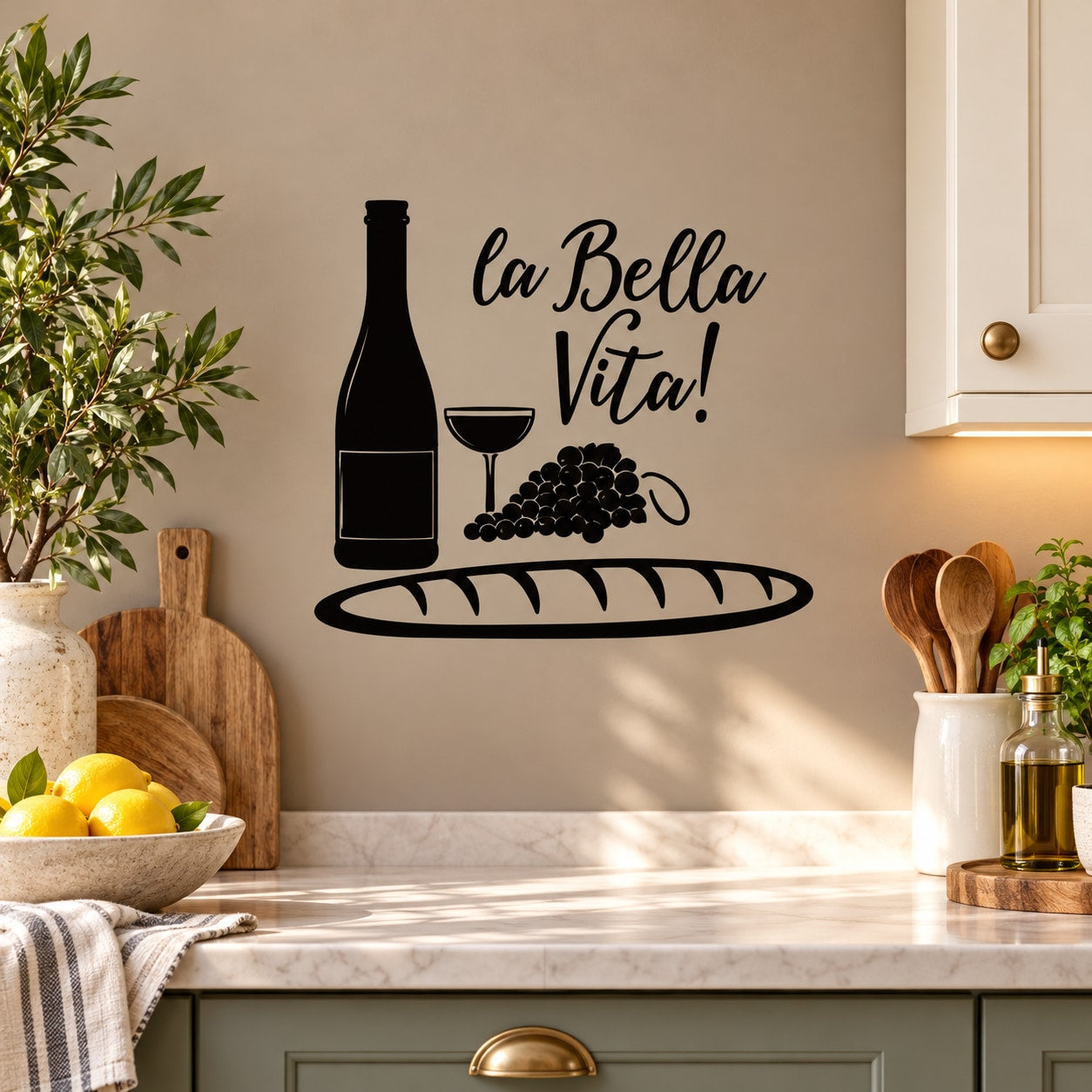 Black wine bottle wall decal with glass, grapes, and La Bella Vita!