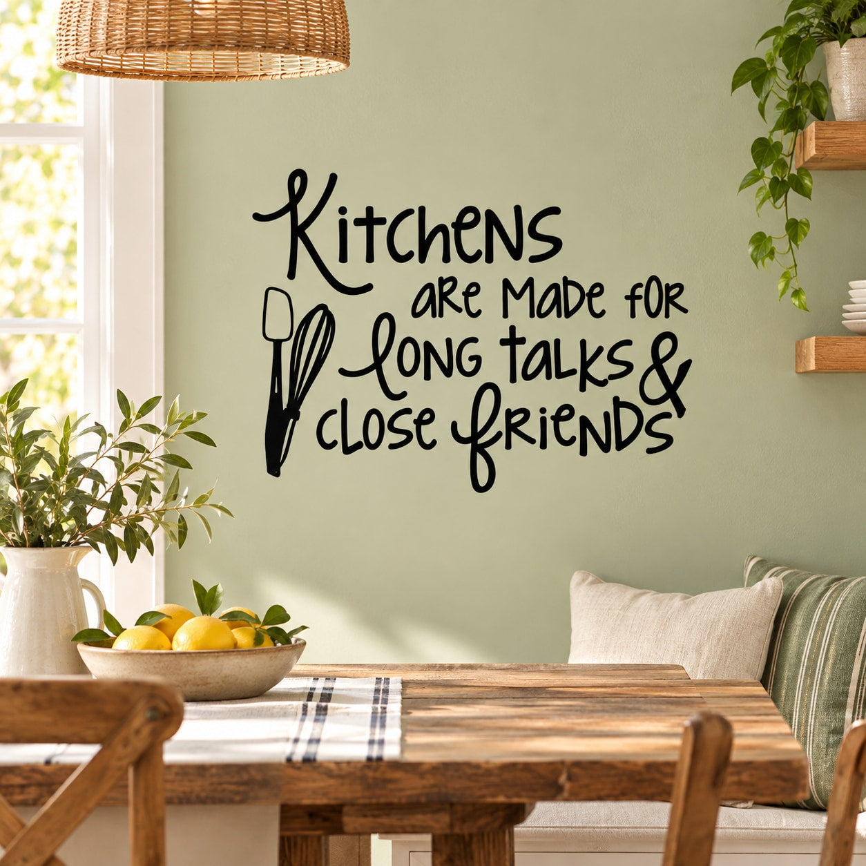 Kitchen wall decal, black script quote: Kitchens are made for long talks & close friends