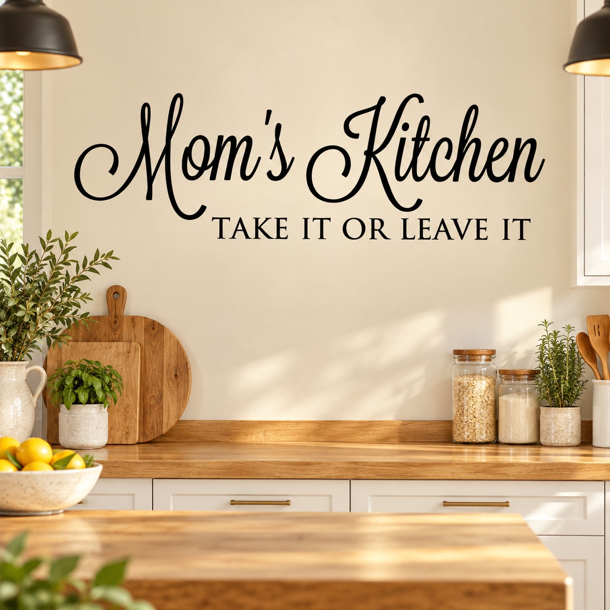 Kitchen wall decal text: Mom's Kitchen, TAKE IT OR LEAVE IT quote