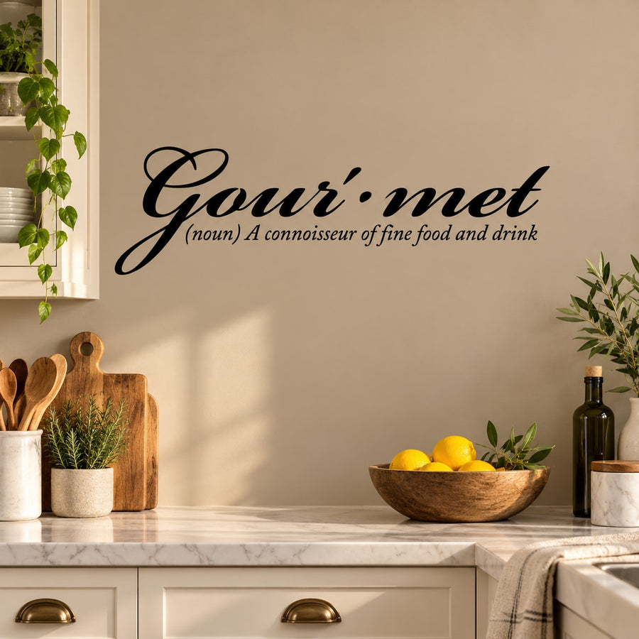 Black cursive wall decal reading "Gourmet" with subtitle text underneath
