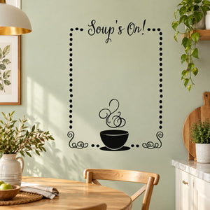 Soup's On! wall decal with ornate bowl and dotted frame, black lettering